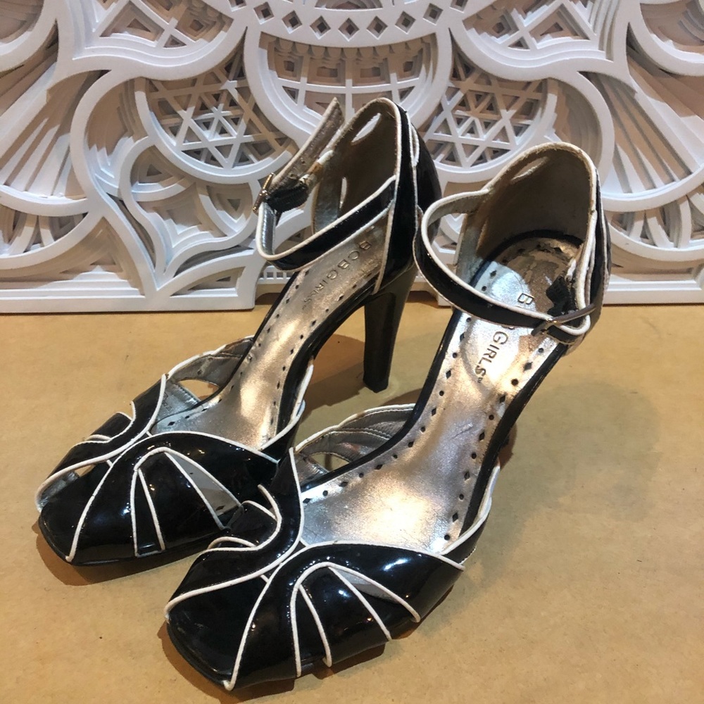 BCBGirls black & white peep toe ankle strap heels